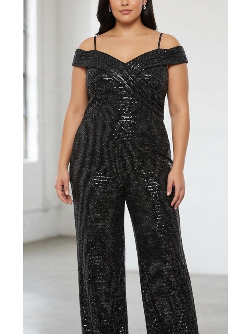 Plus Curve Black Sequin Off-Shoulder Jumpsuit